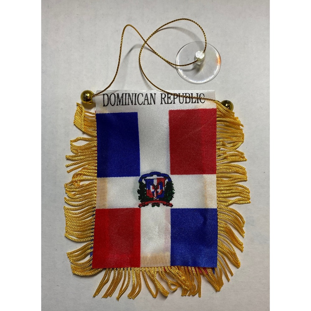 Dominican Republic Mini Banner 4 x 6 Flag with Suction Cup and Gold Fringe